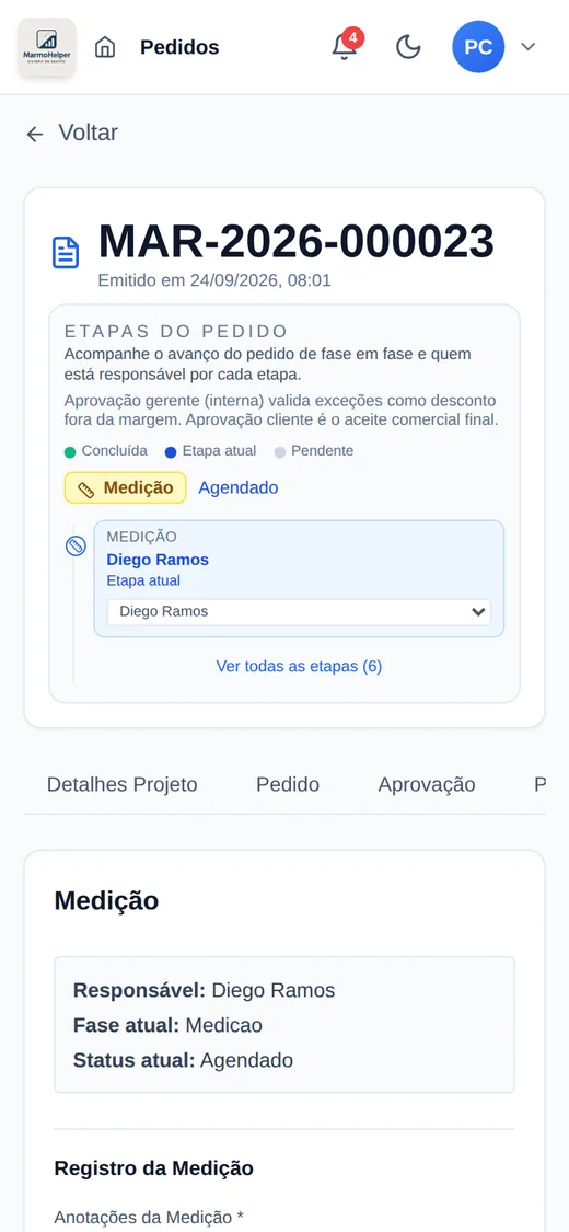 MarmoHelper no celular: detalhes de um pedido