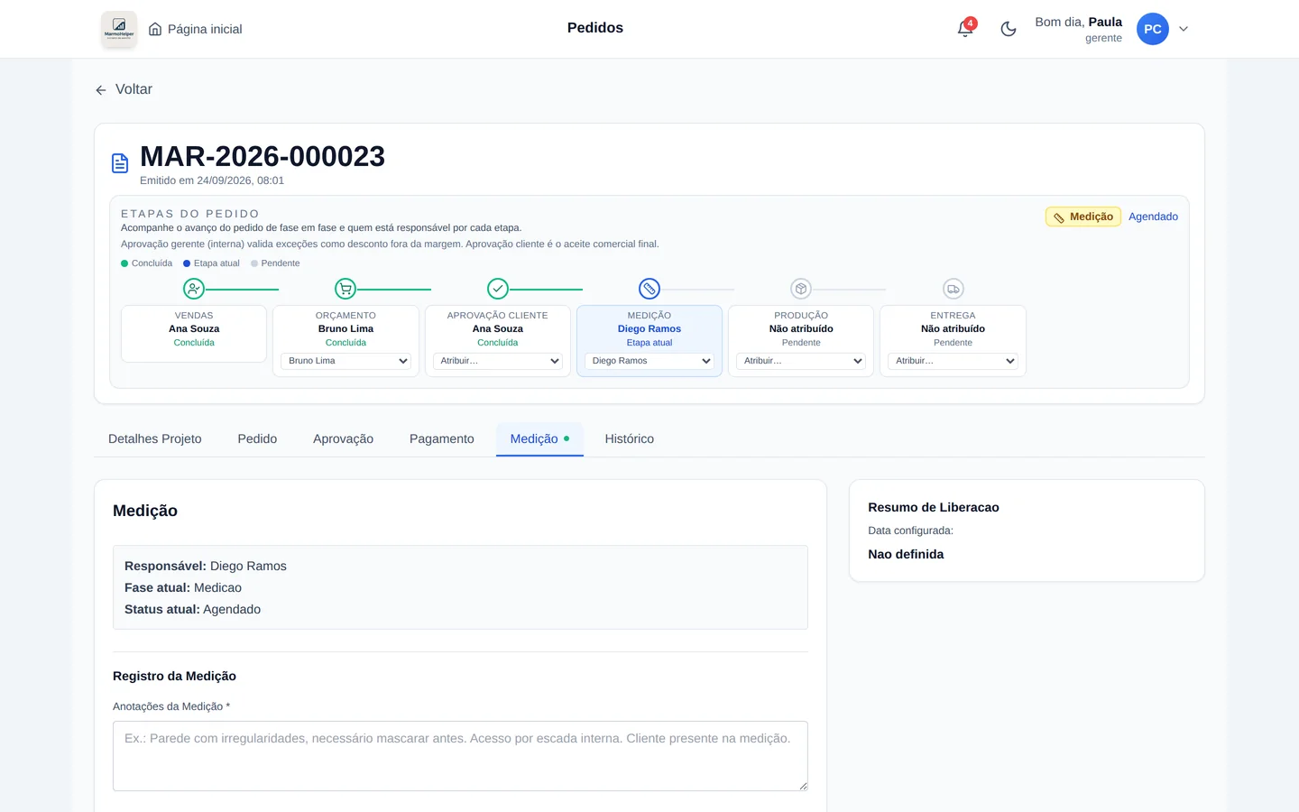 Tela do MarmoHelper com as etapas de um pedido, do orçamento à entrega